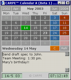 Skärmbild: CARPE Calendar A (Betaversion 1) [Klicka här för att starta kalendern i ett separat fönster]